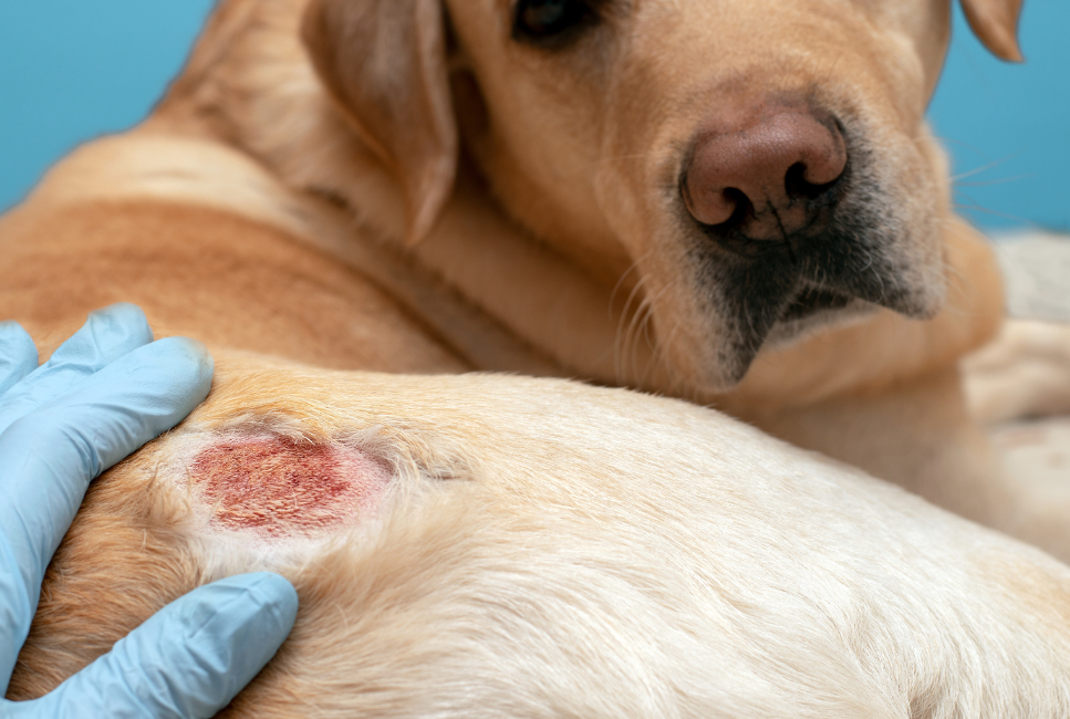 Atopowe zapalenie skóry u psa objawiające się czerwonym hot spotem na skórze.