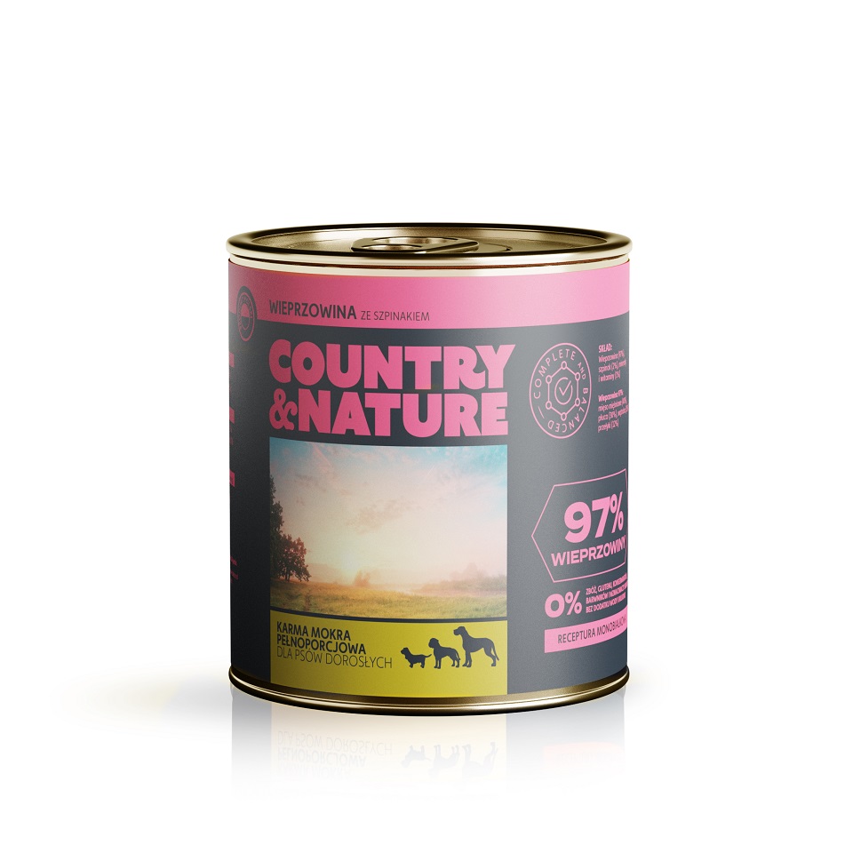 COUNTRY&NATURE Bezzbożowa mokra karma wieprzowina ze szpinakiem 850 g