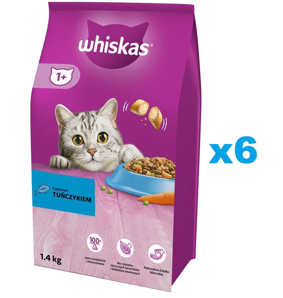 Фото - Корм для кішок Whiskas Adult 6x1,4 kg sucha karma pełnoporcjowa dla dorosłych kotów z pysznym tuńczykiem 