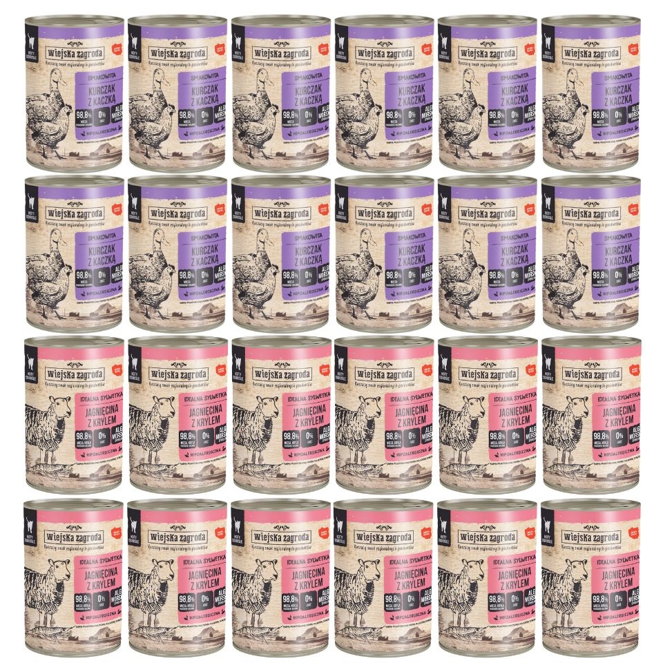 WIEJSKA ZAGRODA Mix smaków Jagnięcina z krylem i Kurczak z kaczką 24x400g dla kota