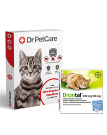 Dr PetCare MAX Biocide Collar Obroża na pchły i insekty dla kota 43 cm + BAYER Drontal tabletki odrobaczające dla kota