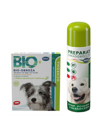 PESS BIO Obroża pielęgnacyjno-ochronna z olejkiem geraniowym i cedrowym dla psów 60 cm + PESS Flea-Kil Plus Preparat owadobójczy przeciw pchłom i kleszczom do pomieszczeń 250 ml