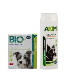 PESS BIO Obroża pielęgnacyjno-ochronna z olejkiem geraniowym i cedrowym dla psów 60 cm + PESS Akim Szampon owadobójczy przeciw pchłom i kleszczom 200 ml