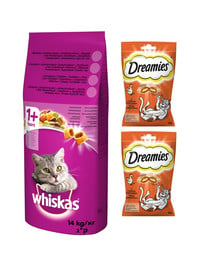 WHISKAS Adult 14kg z kurczakiem i warzywami + DREAMIES 60g z kurczakiem GRATIS