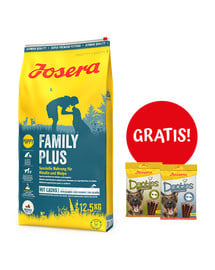 JOSERA FamilyPlus 12,5kg dla szczeniąt, suk w ciąży oraz suk karmiących + 2 x Denties with Poultry & Blueberry 180g GRATIS