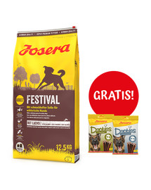 JOSERA Festival 12,5kg dla dorosłych wybrednych psów z sosem + 2 x Denties with Poultry & Blueberry 180g GRATIS