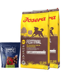 JOSERA Festival dla dorosłych wybrednych psów 25kg (2x12,5kg) + SIMPLY FROM NATURE Naturalne kiełbaski z koniną 200 g