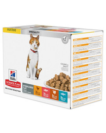 Science Plan Feline Young Adult Sterilised Cat Multipack z kurczakiem, z pstrągiem, z tuńczykiem, z łososiem 12x85 g