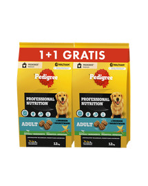 PEDIGREE Adult Professional Nutrition 12 kg z drobiem i warzywami dla psów dużych i średnich ras + 12 kg GRATIS