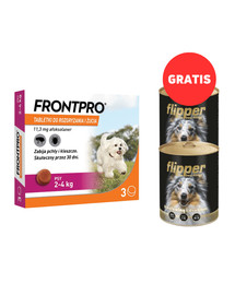 FRONTPRO 2-4 kg S 3 tabletki na kleszcze i pchły do żucia dla psów + DOLINA NOTECI flipper wołowina z drobiem 2 x 400g GRATIS