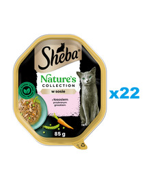 SHEBA Nature’s Collection tacka 22x85 g mokra karma pełnoporcjowa dla dorosłych kotów kawałki z łososiem przybranym groszkiem w sosie