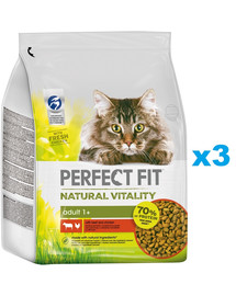 PERFECT FIT Natural Vitality sucha karma pełnoporcjowa dla dorosłych kotów, z wołowiną i kurczakiem 3x2,4 kg