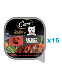 CESAR Natural Goodness Mus tacka 16x100 g mokra karma pełnoporcjowa dla dorosłych psów z wołowiną, przybraną fasolką szparagową, marchewką i jagodami