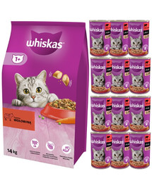 WHISKAS Adult 14kg sucha karma pyszna wołowina + WHISKAS Adult 12x400 g mokra karma z wołowiną w sosie