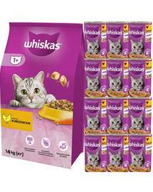 WHISKAS Adult 14kg sucha karma z pysznym kurczakiem + WHISKAS Adult 12x400 g mokra karma z kurczakiem w galaretce