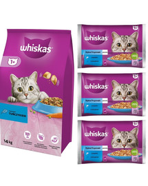 WHISKAS Adult 14kg sucha karma z tuńczykiem i warzywami + WHISKAS Adult 12x85g Rybne Przysmaki w galaretce z: łososiem, tuńczykiem