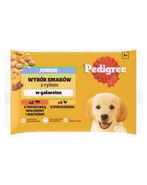 PEDIGREE Junior Wybór Smaków z ryżem saszetki 4x100 g mokra karma pełnoporcjowa dla szczeniąt, kawałki z mieszanką wołowiny i wątróbki i ryżem, z kurczakiem i ryżem, w galaretce