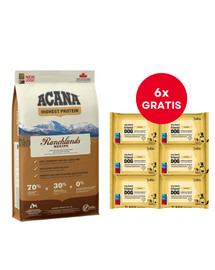 ACANA Highest Protein Ranchlands Dog 11,4 kg + LUBA My best friend Nawilżane chusteczki do pielęgnacji oczu, uszu i fałd skórnych 6 x 25 szt. GRATIS