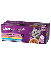 Adult Aromatyczna Mieszanka saszetki 40x85 g mokra karma pełnoporcjowa dla dorosłych kotów w sosie kawałki z glazurowaną wieprzowiną i marchewką, soczystym kurczakiem, z kawałkami ryb oceanicznych w bulionie, delikatnym łososiem i groszkiem