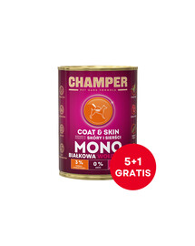CHAMPER Coat & Skin Wołowina monobiałkowa karma dla psa 6 x 400 g (5+1 GRTIS)