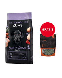 FITMIN Dog For Life Light & Senior karma dla psów dorosłych i starszych 12 kg + 70g pałeczki dentystyczne z wodorostami dla małych psów GRATIS