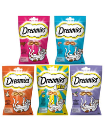 DREAMIES Mix smaków 5x60 g przysmaki dla kota z kaczką, serem i o smaku łososia, kurczakiem, wołowiną i łososiem