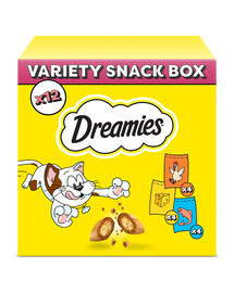 DREAMIES Variety Snack Box Chrupiące przysmaki dla kota o smaku kurczaka, sera i łososia 12x60 g