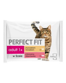 PERFECT FIT Adult saszetka 4x85g mokra karma dla kota w sosie z kurczakiem i groszkiem, z wołowiną i marchewką