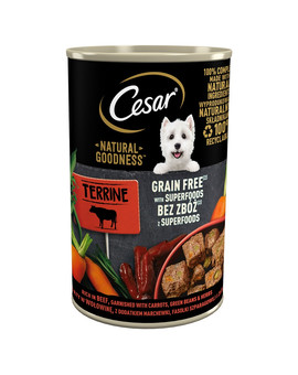 CESAR Natural Goodness w terynie 400 g bogata w wołowinę z dodatkiem marchewki, fasolki szparagowej i ziół