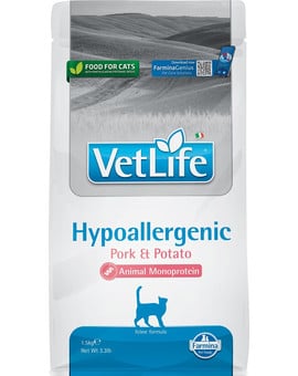 VetLife Hypoallergenic Adult Pork Potato to kompletna karma dietetyczna dla kotów 1.5 kg