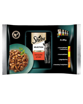 SHEBA Selection Soczyste Smaki saszetki 4x85 g mokra karma pełnoporcjowa dla dorosłych kotów w sosie kawałki z kurczakiem i wołowiną, kurczakiem, jagnięciną, kaczką i indykiem