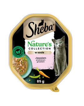 SHEBA Nature’s Collection tacka 85 g mokra karma pełnoporcjowa dla dorosłych kotów kawałki z łososiem przybranym groszkiem w sosie