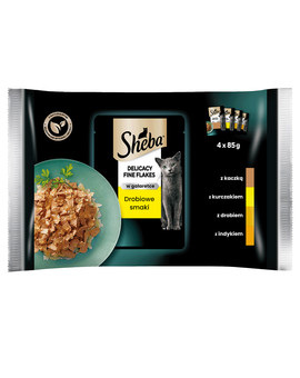 SHEBA Delicacy Fine Flakes Drobiowe Smaki saszetki 4x85 g mokra karma pełnoporcjowa dla dorosłych kotów w galaretce kawałki z: kaczką, kurczakiem, drobiem, indykiem