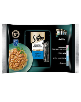 SHEBA Selection Select Slices Rybne Smaki 4x85g mokra karma pełnoporcjowa dla kotów w sosie kawałki z łososiem i dorszem czarnym, białą rybą, rybą oceaniczną, dorszem