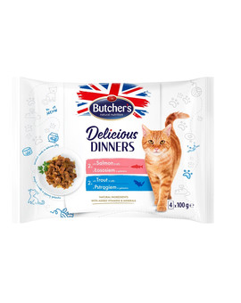 Delicious Dinners kawałki w galaretce dla dorosłych kotów 4x100g z łososiem, z pstrągiem