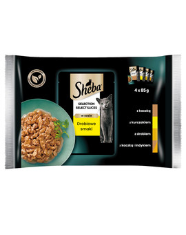 SHEBA Selection Select Slices Drobiowe Smaki saszetki 4x85 g mokra karma pełnoporcjowa dla dorosłych kotów w sosie kawałki z kaczką, kurczakiem, drobiem, kaczką i indykiem