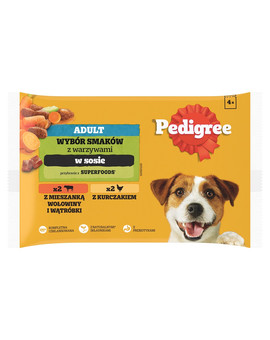 PEDIGREE Adult Wybór Smaków z warzywami saszetki 4x100 g mokra karma pełnoporcjowa dla dorosłych psów, z mieszanką wołowiny i wątróbki, z kurczakiem, w sosie