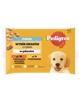 PEDIGREE Junior Wybór Smaków z ryżem saszetki 4x100 g mokra karma pełnoporcjowa dla szczeniąt, kawałki z mieszanką wołowiny i wątróbki i ryżem, z kurczakiem i ryżem, w galaretce
