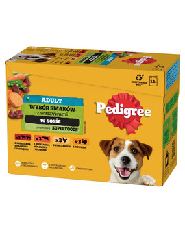 PEDIGREE Adult Wybór Smaków z warzywami saszetki 12x100 g mokra karma pełnoporcjowa dla dorosłych psów, z mieszanką wołowiny i jagnięciny, z mieszanką wołowiny i wątróbki, z kurczakiem, z indykiem, w sosie