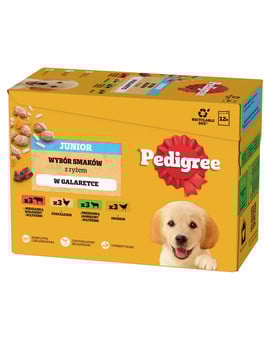 PEDIGREE Junior Wybór smaków z ryżem saszetki 12x100g mokra karma dla szczeniąt w galaretce z kurczakiem, jagnięciną, drobiem i wołowiną