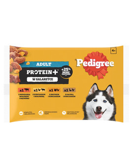 Adult Protein+ saszetki 4x85 g mokra karma pełnoporcjowa dla dorosłych psów z mieszanką wołowiny i wątróbki, z kurczakiem i wołowiną, z indykiem i kurczakiem, z kaczką i kurczakiem w galaretce