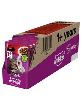 WHISKAS 1+ lat opakowanie 24x100g - mokra karma dla kotów, z wołowiną w sosie