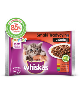 Junior Smaki Tradycyjne saszetka 52x100g – mokra karma dla kotów w sosie (z kurczakiem, z wołowiną, z jagnięciną, z królikiem)