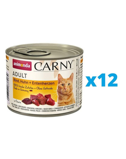 ANIMONDA Carny Adult zestaw z wołowiną, kurczakiem i kaczymi sercami 12 x 200 g