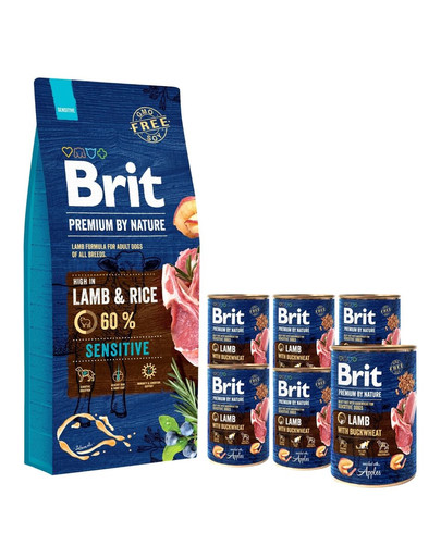 BRIT Premium By Nature Sensitive Lamb 15 kg + 6 x 400 g BRIT jagnięcina i gryka mokra karma