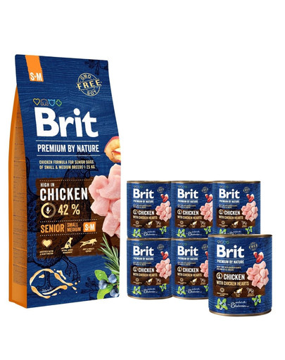 BRIT Premium By Nature Senior Small Medium S+M 15 kg + 6 x 800 g BRIT kurczak i serca mokra karma dla psa