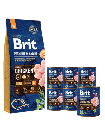 BRIT Premium By Nature Adult Medium M 15 kg + 6 x 800 g BRIT kurczak i serca mokra karma dla psa