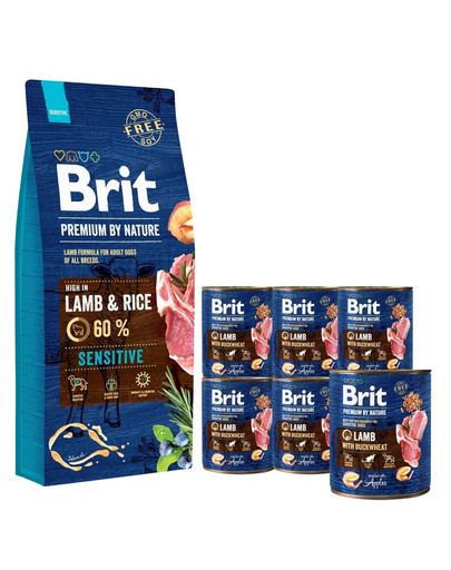 BRIT Premium By Nature Sensitive Lamb 15 kg + 6 x 800 g BRIT jagnięcina i gryka mokra karma