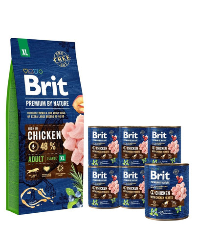 BRIT Premium By Nature Adult Extra Large XL 15 kg + 6 x 800 g BRIT kurczak i serca mokra karma dla psa