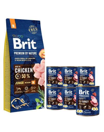 BRIT Premium By Nature Junior Medium M 15 kg + 6 x 800 g BRIT indyk i wątroba mokra karma dla szczeniąt